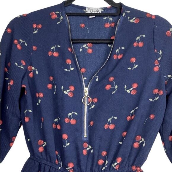 J for Justify Wm’s Sz Sm Navy Blue Cherry Print Gold Zipper Lined Mini Dress - Picture 3 of 6